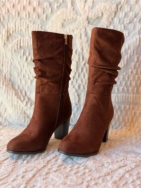 New York & Company Brown Suede-Look Slouch Mid-Calf Heeled Boots 717